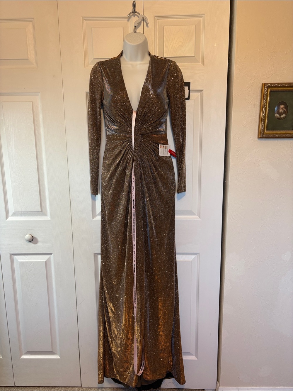 NWT IEENA for Mac Duggal Metallic Bronze Gown – Size 0 (Fits 0–2).